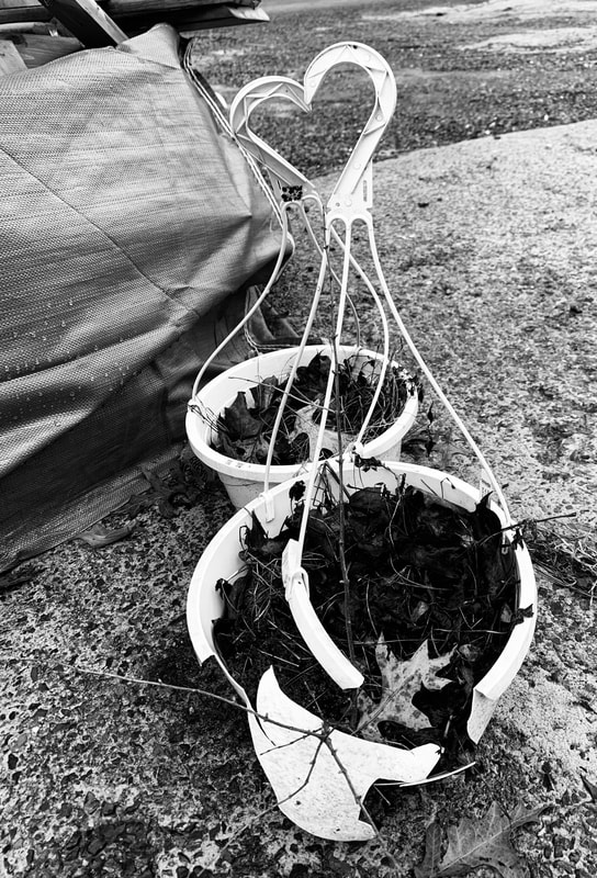 Black and white photo of two broken hanging planters whose hooks form a heart from the perspective of the camera