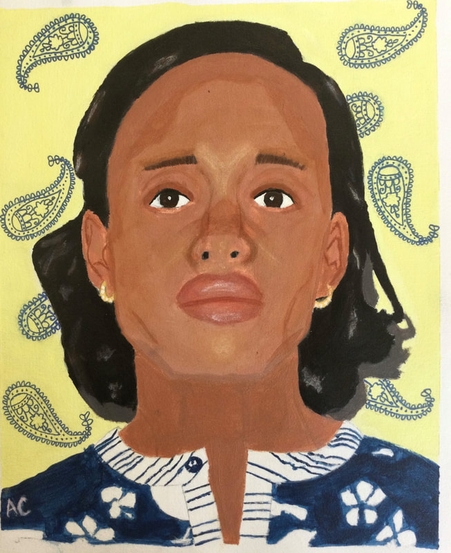 Painting of an Indian girl wearing a dark blue shirt, on a yellow paisley background.