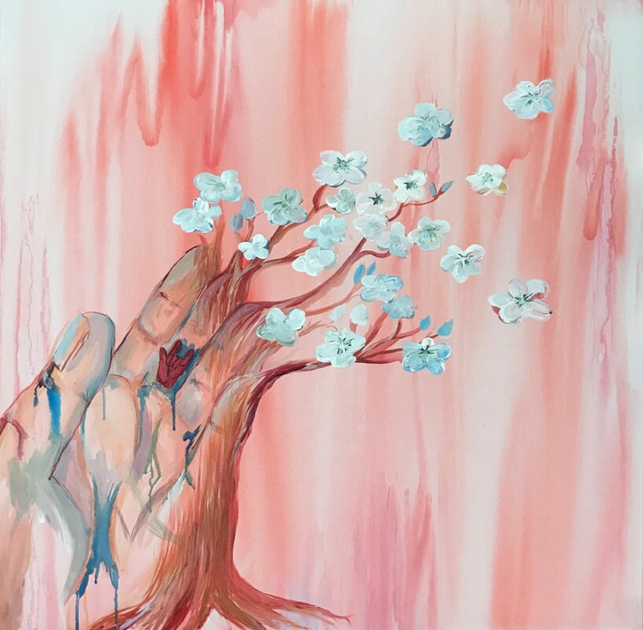Painting of an outstretched hand whose fingertips turn into blue flowers on a pink background. Hidden inside the big hand is a smaller red hand making the 