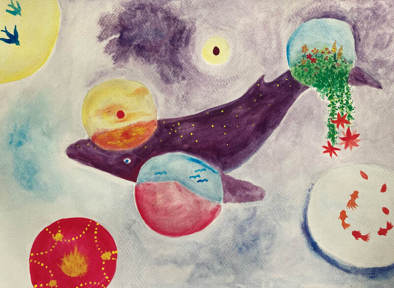 Purple whale swimming through a sea of bubbles filled with different items.